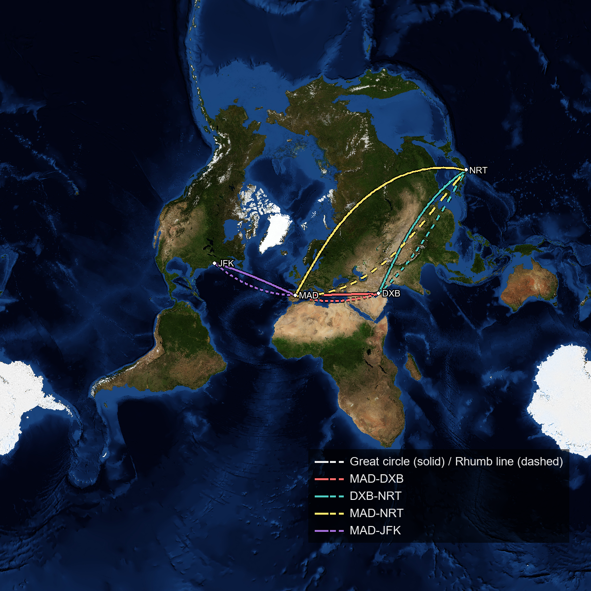 マドリードを投影の赤道に置いた斜軸メルカトル図法。大陸の配置が通常の世界地図と大きく異なる。