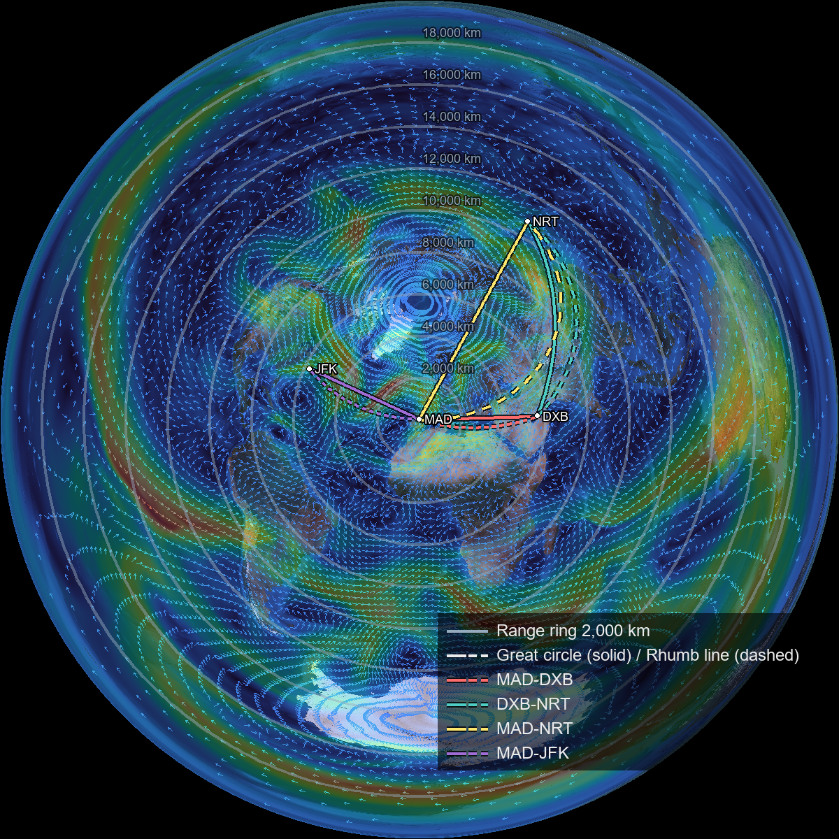 マドリード中心の正距方位図法に、250 hPa の風速を色のラスタと矢印で重ねた図。北半球のジェット気流の帯が蛇行して見える。