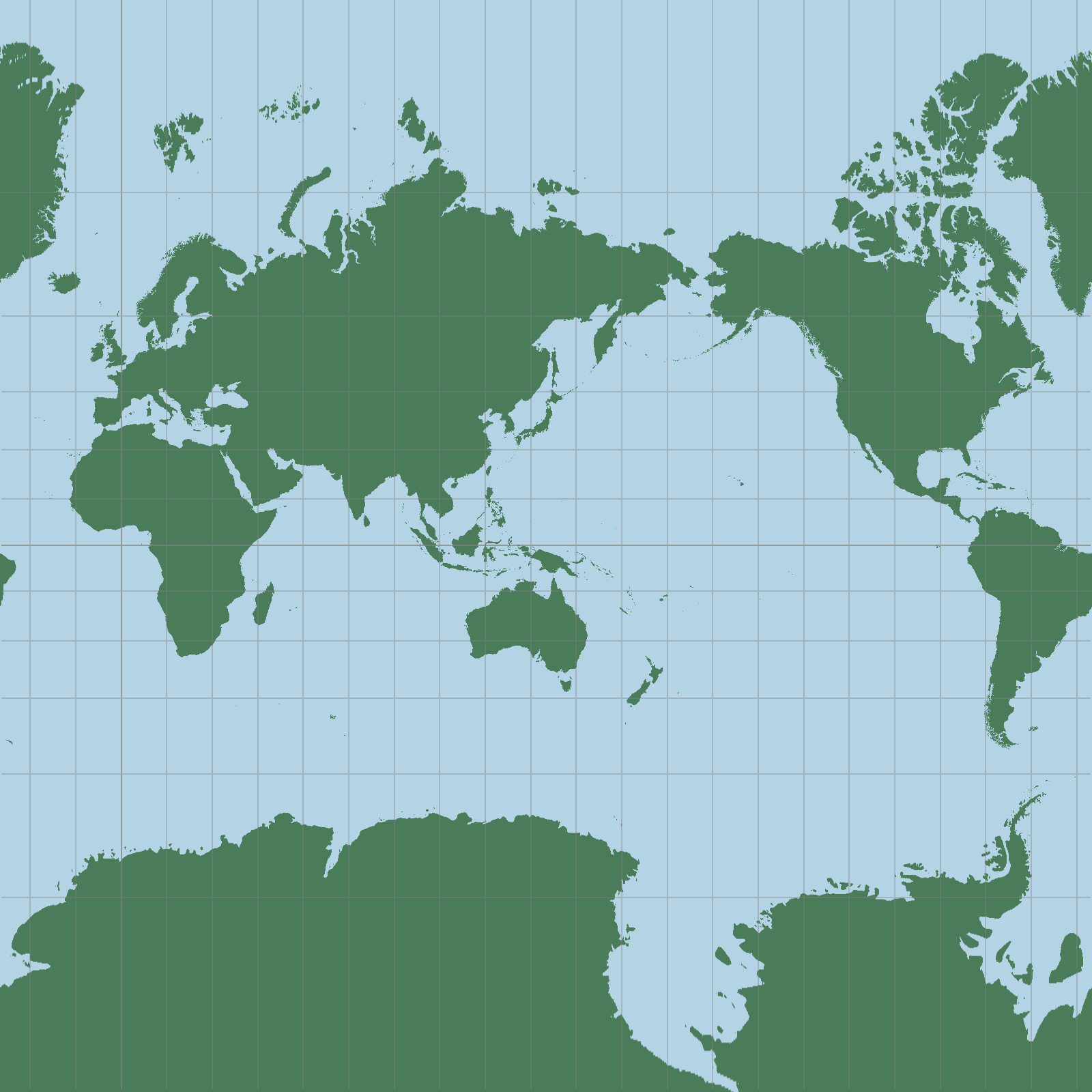 日本を中央に置いた通常のメルカトル。見慣れた日本の世界地図