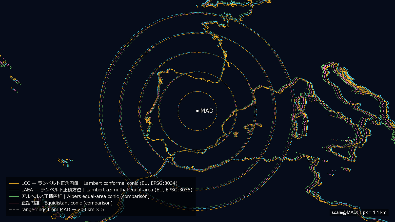 同じ重ね合わせをスペインの幅（1 px = 1.1 km）で見た図。海岸線はほぼ 1 本に重なり、200 km ごとの距離円が外側ほどわずかに分かれる。