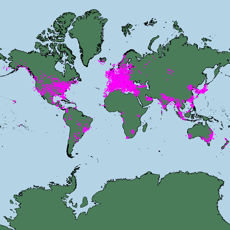Oblique Mercator over a vector base map, centered on 0N 0E