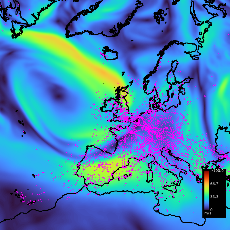 Lambert conformal conic over ERA5 250 hPa wind